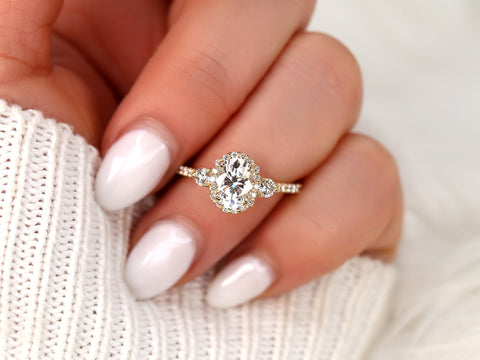 1.50cts Natalia 8x6mm 14kt Gold Moissanite Diamond Unique Three Stone Oval Halo Ring - Rosados Box