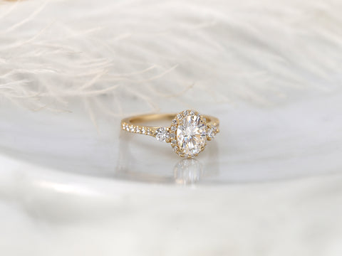 1.50cts Natalia 8x6mm 14kt Gold Moissanite Diamond Unique Three Stone Oval Halo Ring - Rosados Box