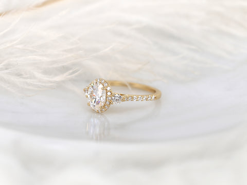 1.50cts Natalia 8x6mm 14kt Gold Moissanite Diamond Unique Three Stone Oval Halo Ring - Rosados Box