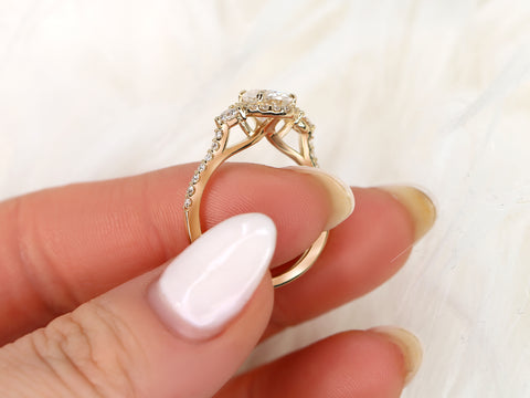 1.50cts Natalia 8x6mm 14kt Gold Moissanite Diamond Unique Three Stone Oval Halo Ring - Rosados Box