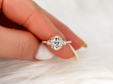 1.50cts Natalia 8x6mm 14kt Gold Moissanite Diamond Unique Three Stone Oval Halo Ring - Rosados Box