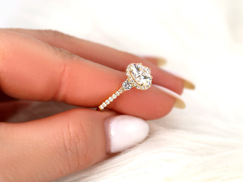 1.50cts Natalia 8x6mm 14kt Gold Moissanite Diamond Unique Three Stone Oval Halo Ring - Rosados Box