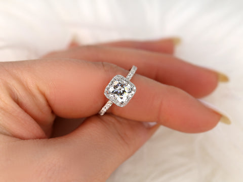 1.70ct Pernella 7mm 14kt Moissanite Diamond Dainty Cushion Halo Ring - Rosados Box