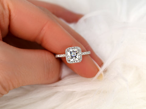 1.70ct Pernella 7mm 14kt Moissanite Diamond Dainty Cushion Halo Ring - Rosados Box