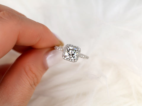1.70ct Pernella 7mm 14kt Moissanite Diamond Dainty Cushion Halo Ring - Rosados Box
