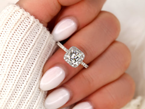 1.70ct Pernella 7mm 14kt Moissanite Diamond Dainty Cushion Halo Ring - Rosados Box