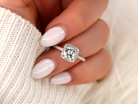 1.70ct Pernella 7mm 14kt Moissanite Diamond Dainty Cushion Halo Ring - Rosados Box