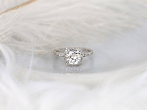 1.70ct Pernella 7mm 14kt Moissanite Diamond Dainty Cushion Halo Ring - Rosados Box