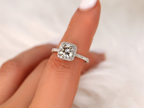 1.70ct Pernella 7mm 14kt Moissanite Diamond Dainty Cushion Halo Ring - Rosados Box