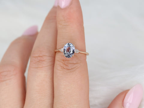 2.52ct Ready to Ship Petite Emery 14kt Rose Gold Lavender Cornflower Blue Sapphire Diamond Minimalist 3 Stone Oval Ring - Rosados Box