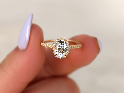 1.50cts Rebecca 8x6mm 14kt White Gold F1 Moissanite Diamond Dainty Oval Halo Ring - Rosados Box