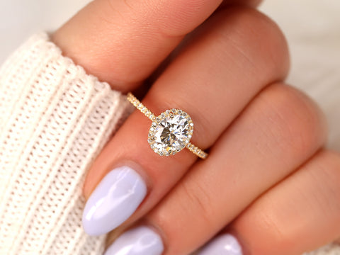 1.50cts Rebecca 8x6mm 14kt White Gold F1 Moissanite Diamond Dainty Oval Halo Ring - Rosados Box