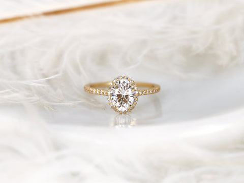 1.50cts Rebecca 8x6mm 14kt White Gold F1 Moissanite Diamond Dainty Oval Halo Ring - Rosados Box
