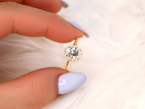 1.50cts Rebecca 8x6mm 14kt White Gold F1 Moissanite Diamond Dainty Oval Halo Ring - Rosados Box