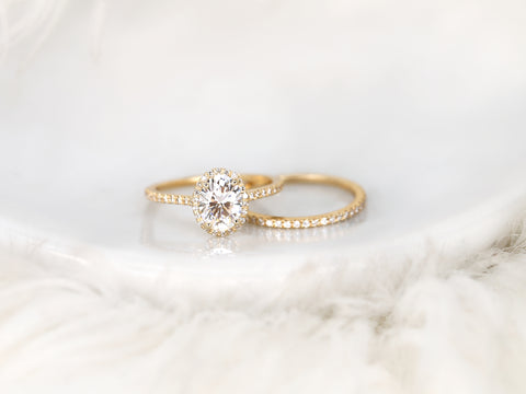 1.50ct Ready to Ship Rebecca 8x6mm 14kt Rose Gold Moissanite Diamond Dainty Oval Halo Bridal Set - Rosados Box