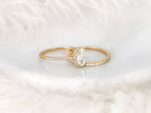 1.50ct Ready to Ship Rebecca 8x6mm 14kt Rose Gold Moissanite Diamond Dainty Oval Halo Bridal Set - Rosados Box