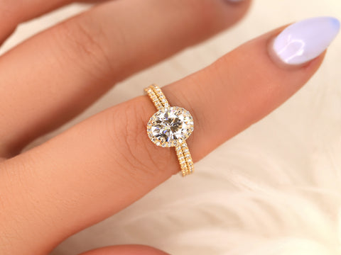 1.50ct Rebecca 8x6mm 14kt Rose Gold Moissanite Diamond Dainty Oval Halo Bridal Set - Rosados Box