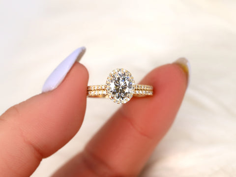 1.50ct Rebecca 8x6mm 14kt Rose Gold Moissanite Diamond Dainty Oval Halo Bridal Set - Rosados Box