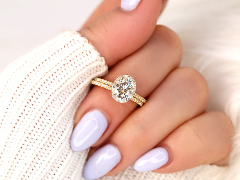 1.50ct Rebecca 8x6mm 14kt Rose Gold Moissanite Diamond Dainty Oval Halo Bridal Set - Rosados Box