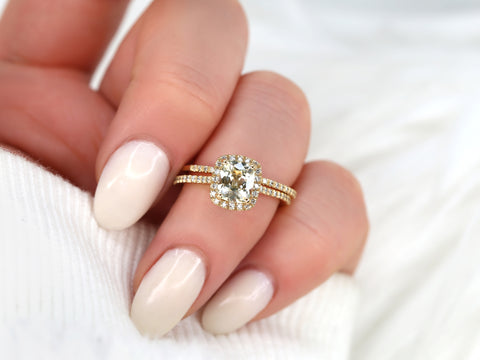 1.56cts Ready to Ship Romani 14kt Gold Champagne Sapphire Diamond Cushion Halo Bridal Set - Rosados Box