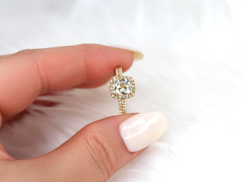 1.56cts Ready to Ship Romani 14kt Gold Champagne Sapphire Diamond Cushion Halo Bridal Set - Rosados Box