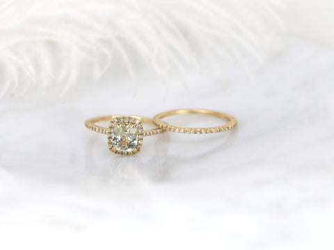 1.56cts Ready to Ship Romani 14kt Gold Champagne Sapphire Diamond Cushion Halo Bridal Set - Rosados Box