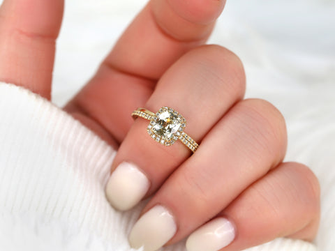 1.56cts Ready to Ship Romani 14kt Gold Champagne Sapphire Diamond Cushion Halo Bridal Set - Rosados Box