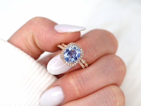 3.72cts Ready to Ship Romani & Christie 14kt Rose Gold Silver Cornflower Blue Sapphire Diamond Art Deco Halo Bridal Set - Rosados Box