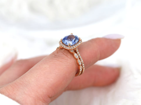 3.72cts Ready to Ship Romani & Christie 14kt Rose Gold Silver Cornflower Blue Sapphire Diamond Art Deco Halo Bridal Set - Rosados Box