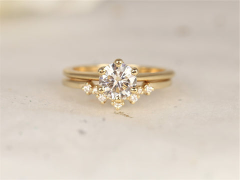 1ct Skinny Webster 6.5mm & Remy 14kt Gold Moissanite Diamond Unique Six Prong Round Solitaire Bridal Set - Rosados Box