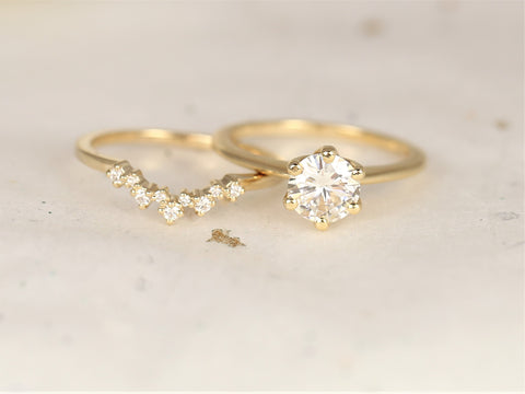 1ct Skinny Webster 6.5mm & Remy 14kt Gold Moissanite Diamond Unique Six Prong Round Solitaire Bridal Set - Rosados Box