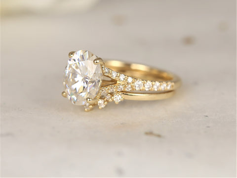 3ct Luz 10x8mm & Remy 14kt Gold Moissanite Diamond Mermaid Split Oval Solitaire Bridal Set - Rosados Box