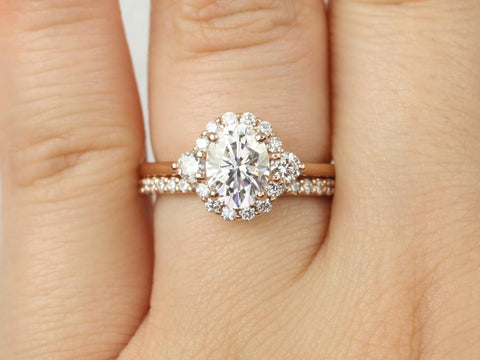 1.50cts Britney 8x6mm 14kt Moissanite Diamond Unique Oval Halo Bridal Set - Rosados Box