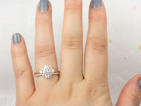 1.50cts Britney 8x6mm 14kt Moissanite Diamond Unique Oval Halo Bridal Set - Rosados Box