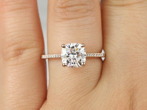 2ct Marcelle 7.5mm 14kt Gold Moissanite Diamonds Cushion Solitaire Accent Ring - Rosados Box