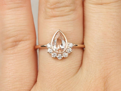 Oana 8x5mm 14kt Gold Morganite Diamonds Bezel Pear Half Halo Ring - Rosados Box
