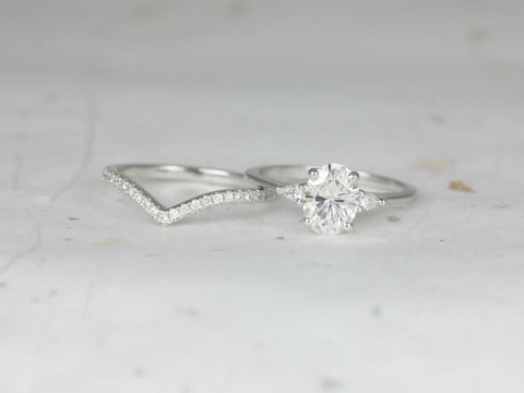 1.50cts Petite Emery 8x6mm & Chevy 14kt Moissanite Diamond Three Stone Oval Bridal Set - Rosados Box