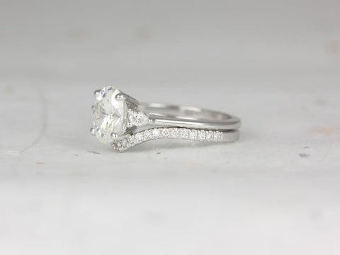 1.50cts Petite Emery 8x6mm & Chevy 14kt Moissanite Diamond Three Stone Oval Bridal Set - Rosados Box