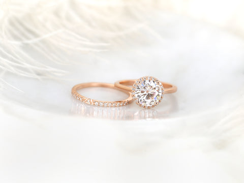 2.25ct SALE Ready to Ship Shannon 8.5mm 14kt Rose Gold FB Moissanite Diamond Halo Bridal Set - Rosados Box