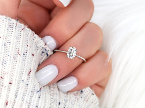 1ct Skinny Rhonda 7x5mm 14kt Gold Moissanite Dainty Oval Solitaire Ring - Rosados Box