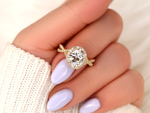 3ct Thelma 10x8mm 14kt Rose Gold Moissanite Diamond Crossover Oval Halo Ring - Rosados Box