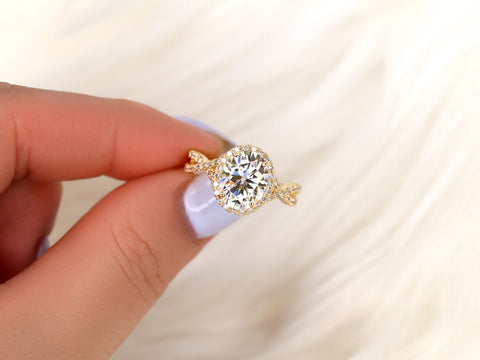 3ct Thelma 10x8mm 14kt Rose Gold Moissanite Diamond Crossover Oval Halo Ring - Rosados Box