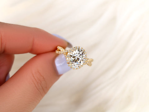 3ct Thelma 10x8mm 14kt Rose Gold Moissanite Diamond Crossover Oval Halo Ring - Rosados Box