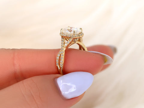 3ct Thelma 10x8mm 14kt Rose Gold Moissanite Diamond Crossover Oval Halo Ring - Rosados Box