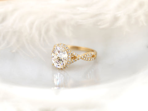 3ct Thelma 10x8mm 14kt Rose Gold Moissanite Diamond Crossover Oval Halo Ring - Rosados Box