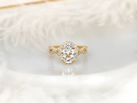 3ct Thelma 10x8mm 14kt Rose Gold Moissanite Diamond Crossover Oval Halo Ring - Rosados Box