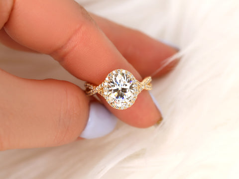 3ct Thelma 10x8mm 14kt Rose Gold Moissanite Diamond Crossover Oval Halo Ring - Rosados Box