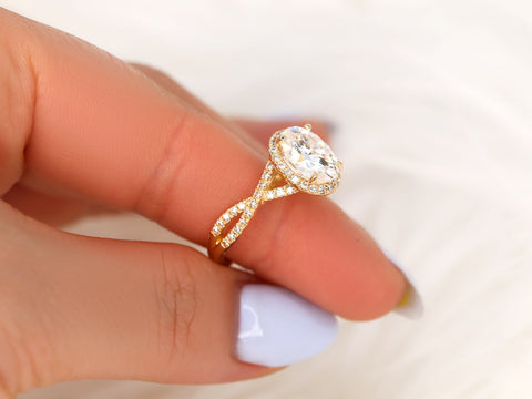 3ct Thelma 10x8mm 14kt Rose Gold Moissanite Diamond Crossover Oval Halo Ring - Rosados Box