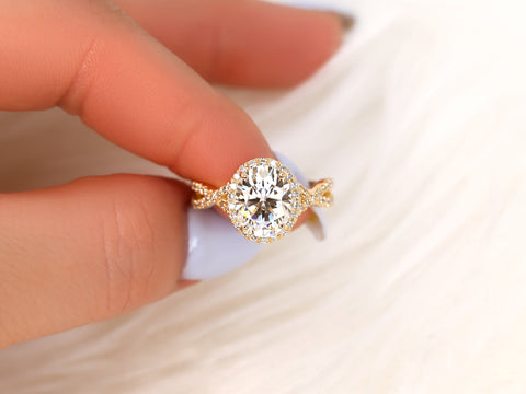 3ct Thelma 10x8mm 14kt Rose Gold Moissanite Diamond Crossover Oval Halo Ring - Rosados Box