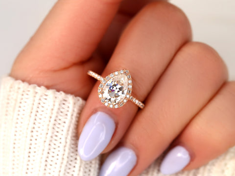 2ct Toni 10x7mm 14kt Rose Gold Moissanite Diamond Pear Halo Engagement Ring - Rosados Box